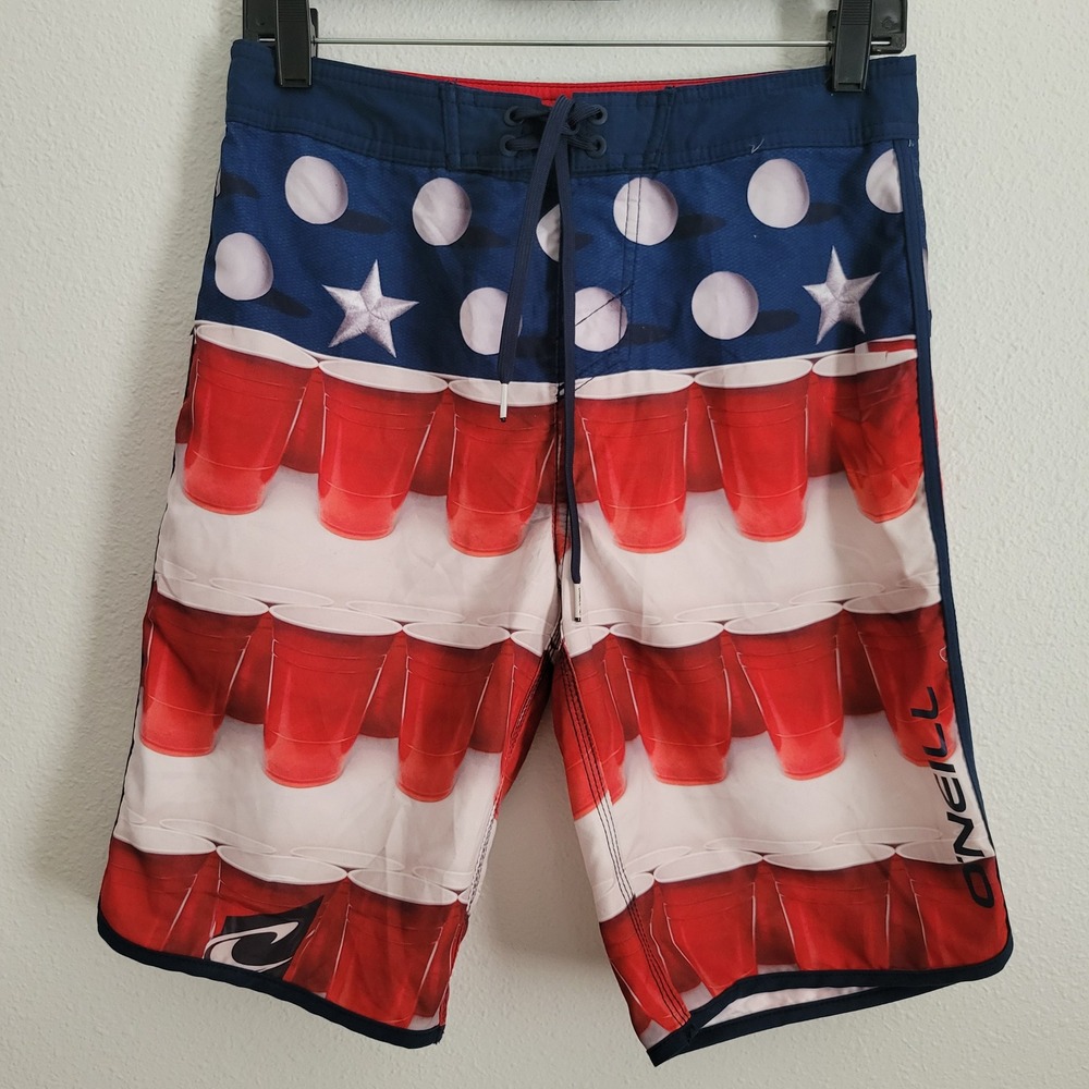 ONeill Hyperfreak Mens 28 Board Shorts Patriotic Red Solo Cup Beer Pong Murca
